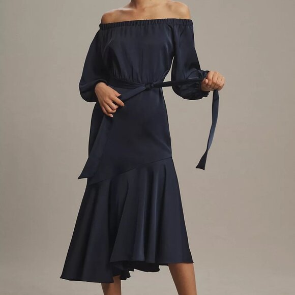NWT | Sachin + Babi Kai Dress Midnight Blue‎ Off The Shoulder Long Sleeve Midi - Picture 1 of 6